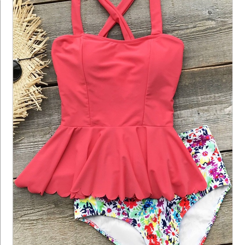 Brand New High-Waisted Peplum Bikini Floral Coral